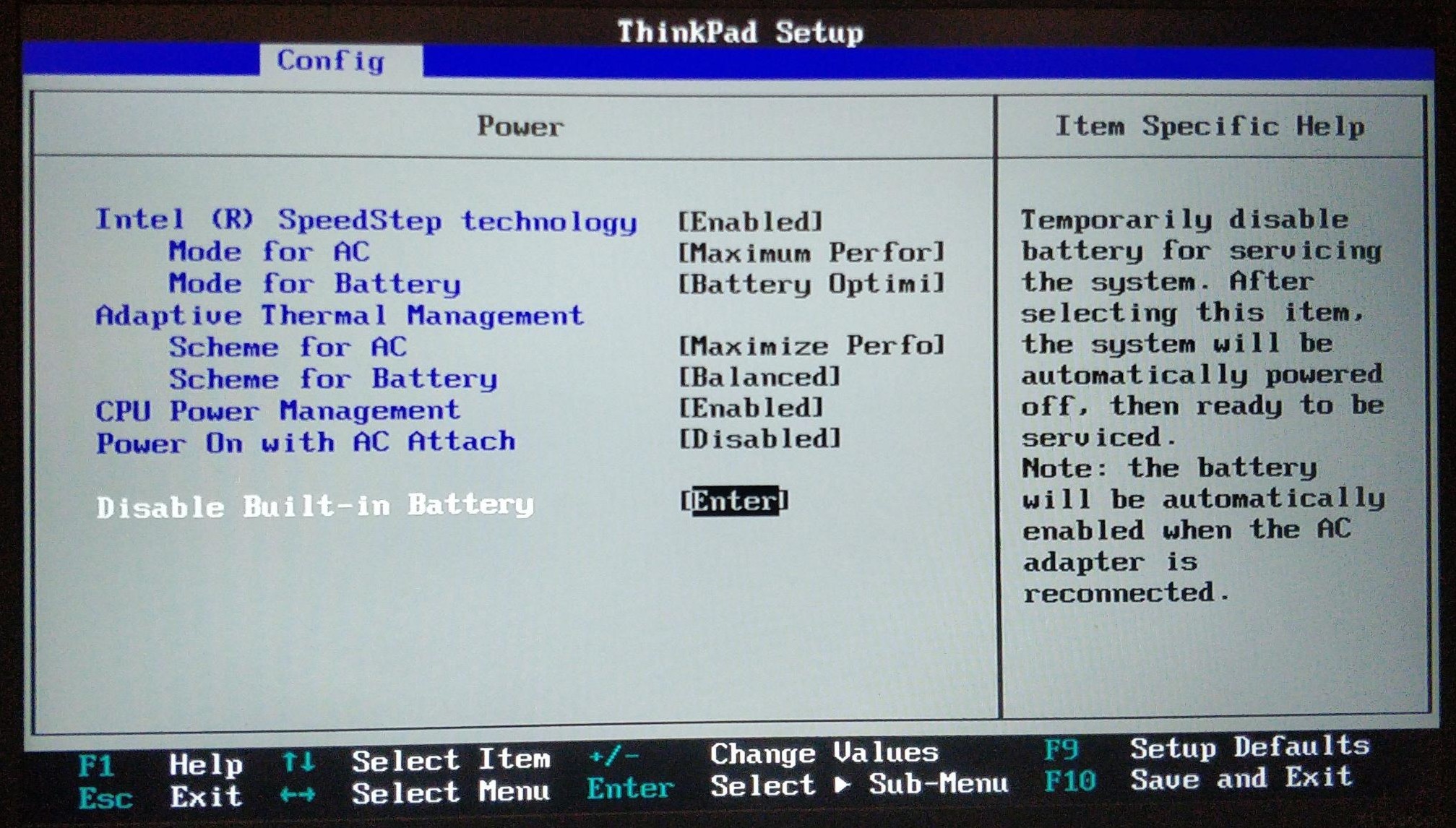 Disabling the battery in the BIOS