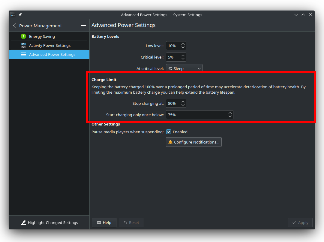 Setting the charge limits in KDE Plasma 5.24 LTS