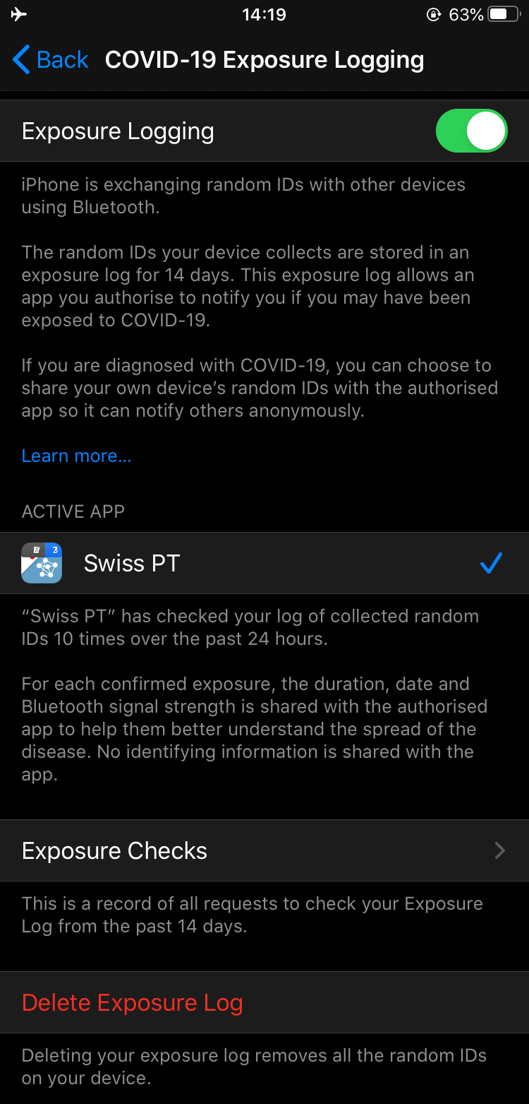iOS 13.5 exposure notifications screen